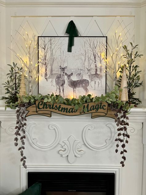 Woodland Christmas Mantle, Mantle Lighting Ideas, Simple Mantle Christmas Decor, Mantle Lights, Christmas Mantels Rustic, Rustic Christmas Mantle Decor, Winter Mantel Decor, Christmas Deer Decorations, Winter Mantle