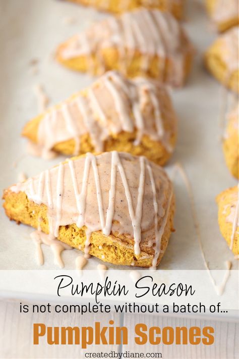 pumpkin season is not complete without a batch of pumpkin scoens from createdbydiane.com Tender Scones, Iced Pumpkin Cookies, Pumpkin Scones Recipe, Crystallized Ginger, Pumpkin Scones, Scones Recipe, Vanilla Glaze, Thanksgiving Desserts, Scone Recipe