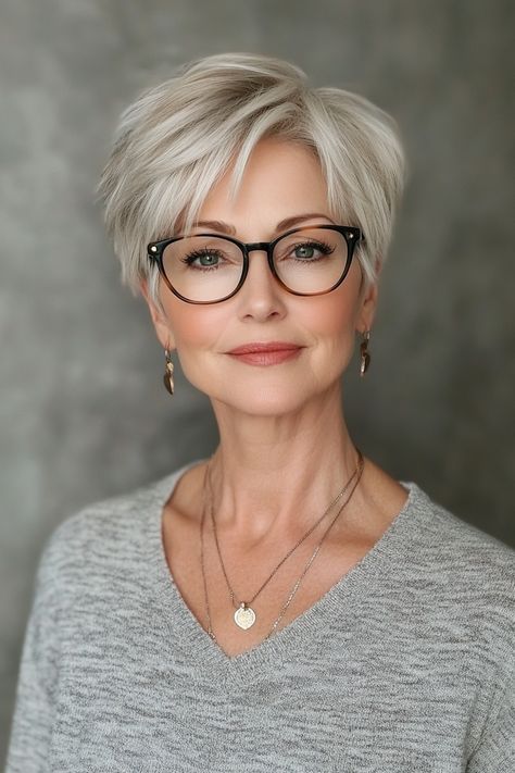 28 Stunning Short Hairstyles for Women Over 60 with Glasses to Try in – CreativeBooster Textured Pixie Cut For Fine Hair, Short Hair With Glasses, Pixie Styling, Butterfly Bob, Short Stacked Hair, Choppy Pixie, Hair Glam, Short White Hair, Short Bobs