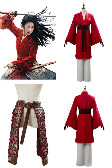 Product Specification  Coat/ Kimono Gown: Material: Cotton Collar: Chinese Kimono Collar Sleeves: Long Bell Sleeves Cuffs: Open Hem Cuffs Front: Front Open with a Wraparound Belt Closure Color: Red Color Traditional Red Costume Outerwear, Cosplay Mulan, Li Shang From Mulan, Luxury Red Outerwear For Cosplay, Mulan Ancestors, Chinese Kimono, Kimono Gown, Corset Belt, Mulan