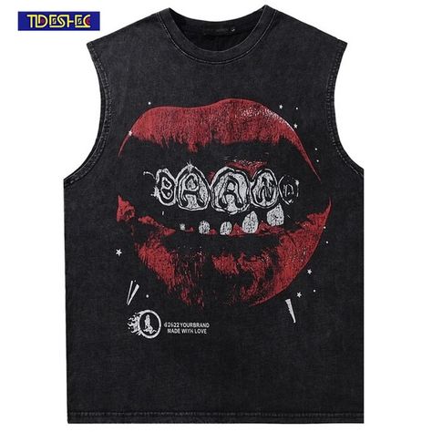 Lip Print Pattern Washed T Shirt Vintage Loose Tank Top Casual Sleeveless Cotton Tshirt Hip Hop Streetwear Oversize Tops Vest - AliExpress Hip Hop Mode, Lip Print, Aesthetic Streetwear, Oversized Streetwear, Oversized Graphic Tee, Streetwear Tops, Lips Print, Sleeveless Tee, Statement Shirt