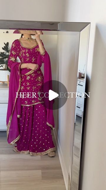 Heer Collection Inc. by Aman Gill on Instagram: "STELLAR Sharara Set in Magenta// this vibrant and festive hued sharara suit features a hand embroidered kameez paired with a pure Chiffon dupatta and sequins work bottom.   How to order/ inquiries: DM, text or email us.  Customization: this piece can be made in any color, style or size.   #shararasuit #punjabisuits #punjabibridesmaids #punjabiweddings #punjabi #punjabisongs #punjabigirl #punjabimutiyara #patialashahi #chandigarh #wedmegood #lehngacholi #indianwedding #sangeetoutfit" Magenta Sharara Suit, Heer Collection, Punjabi Bridesmaids, Engagement Look, Sangeet Outfit, Sharara Suit, Pure Chiffon, Sharara Set, Chiffon Dupatta