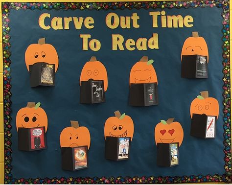 Halloween YA bulletin board   Carve Out Time to Read 10/16 Fall Literacy Bulletin Board Ideas, Carve Out Time For Reading, Fall Bulletin Board Ideas Upper Elementary, Halloween Reading Bulletin Board Ideas, Halloween Book Bulletin Board, Fall In Love With A Good Book Bulletin Board, Fall Ela Bulletin Board, Fall Library Bulletin Boards High School, October Library Bulletin Board Ideas