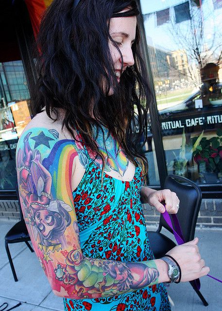 I would never get a tatt like this...but this is tight. The art work is bananas...simply amazing Rainbow Sleeve Tattoo, Full Body Color Tattoo, Bright Sleeve Tattoos, Girly Sleeve Tattoo Colorful, Colorful Tattoo Sleeve, Bright Color Tattoos, Rainbow Bright Tattoo, Ritual Cafe, Banana Tattoo