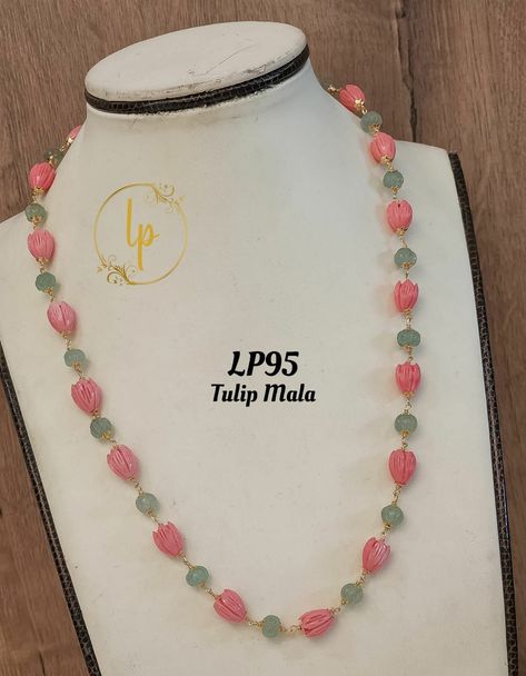 Tulip Beads Jewellery, Dholki Beads, Tulip Beads, Pearls Chains, Indian Wedding Jewelry Sets, Coral Design, Pearl Bridal Jewelry, Beaded Necklace Designs, Black Beaded Jewelry