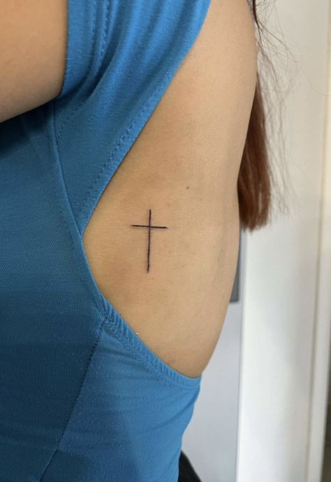 Cross On Spine Tattoo, Small Cross Back Tattoo, Cross Side Tattoo, Tattoo Ideas 333, Spine Cross Tattoo, Cross On Ribs Tattoo, Cross Minimalist Tattoo, Rib Cross Tattoo, Cross Tattoo On Ribs