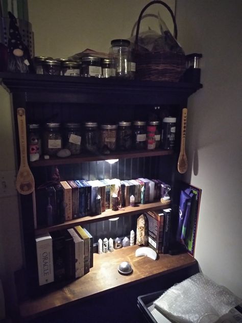 My shelf of herbs and tarot decks Tarot Card Storage Shelf, Tarot Deck Organization, Tarot Deck Display Ideas, Tarot Display Ideas, Tarot Card Organization, Witch Herb Storage, Tarot Deck Storage, Tarot Organization, Tarot Room Decor