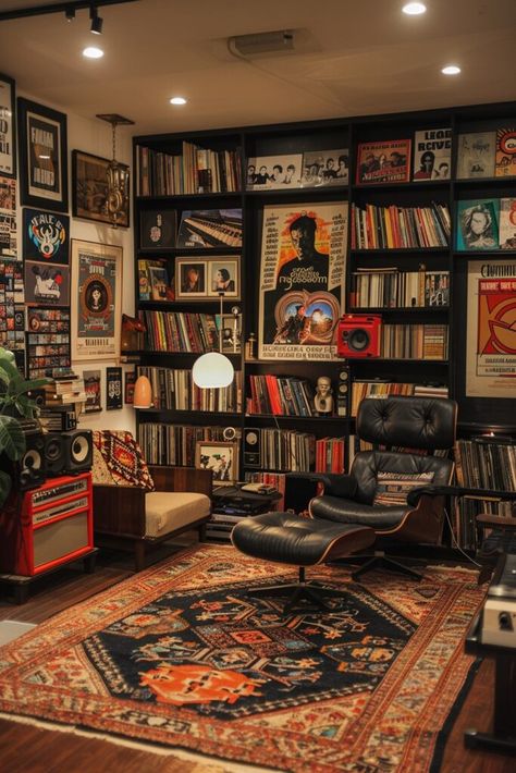 Subterranean Music Lounge Home Studio Living Room, Music Space In Living Room, Reading And Music Room, Vinyl Apartment Decor, Retro Lounge Room, Mid Century Modern Music Room, Vinyl Listening Room, Room With Instruments, Music Lounge Room Ideas