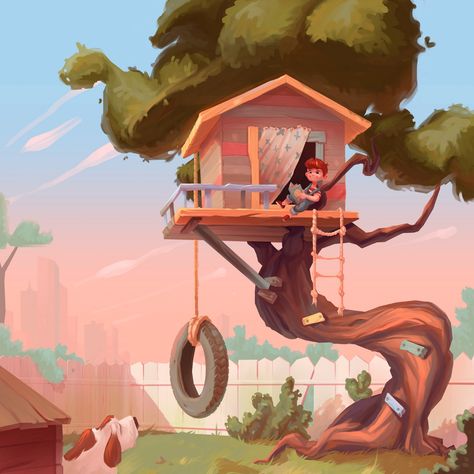 Behance :: 为您呈现 Tree House Digital Art, Tree House Art Drawing, Tree House Concept Art, Cartoon Tree House, Tree House Illustration, Tree House Drawing, Character Design Drawing, Cartoon Trees, Picture Books Illustration