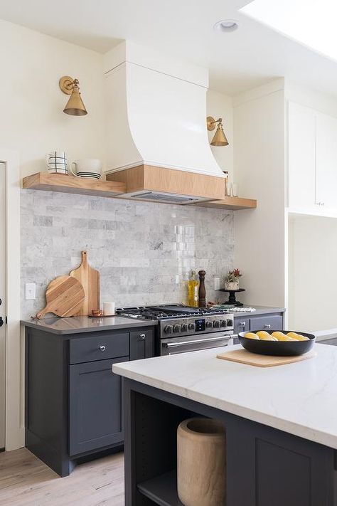 Cabin Makeover, Moody Farmhouse, Farmhouse Kitchen Inspiration, Edmond Oklahoma, Oak Floating Shelves, French Oak Flooring, Floating Shelves Kitchen, Modern Farmhouse Kitchen, Lake Cabin