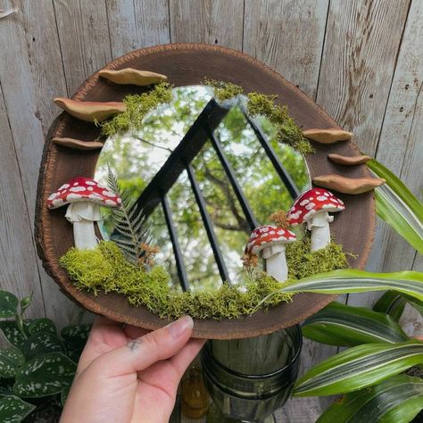 Mushroom Mirror, Mossy Mushroom, Moss Mushroom, Polymer Clay Mushroom, Clay Mushroom, Mushroom Crafts, Color Mirror, Fern Leaves, Nature Wall Decor