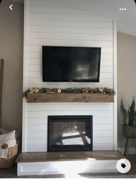 White Shiplap Fireplace with Rustic Mantel Diy Shiplap Fireplace, Simple Fireplace, Build A Fireplace, Shiplap Fireplace, Farmhouse Fireplace, Open Concept Living Room, Faux Fireplace, Corner Fireplace, Fireplace Remodel