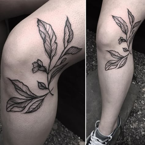 Leafy Knee Tattoo, Leaves Knee Tattoo, Plant Knee Tattoo, Botanical Knee Tattoo, Fine Line Knee Tattoo, Knee Leaf Tattoo, Side Of Knee Tattoos Women, Tattoos Around Knee, Knee Tattoo Women