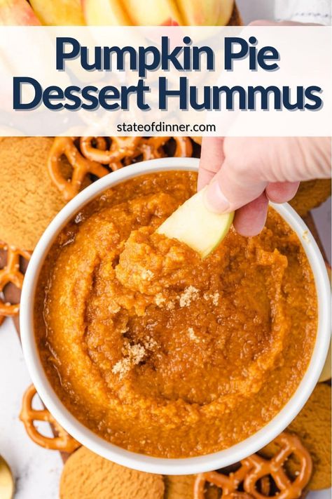 This sweet Pumpkin Pie Hummus is so easy to make, in just 5 minutes it will be ready to serve! Add your favorite fruit, crackers, and cookies for dipping. It's a sweet treat any pumpkin lover will devour! It's perfect for charcuterie trays, fall appetizers, tailgating, Halloween, and Thanksgiving dinners! Pumpkin Spice Hummus Recipe, Dessert Hummus Healthy, Pumpkin Pie Hummus, Dessert Hummus Recipe, Pumpkin Hummus Recipe, Easy Hummus Recipe, Pumpkin Pie Spice Mix, Dessert Hummus, Pumpkin Hummus