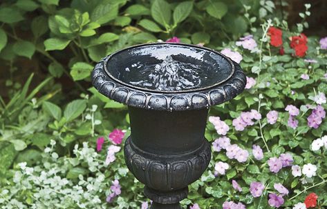 Urn Water Feature, Urn Fountain, Porch Landscaping Ideas, Solar Fountain Ideas, Decorative Concrete Floors, Florida Backyard, Diy Solar Fountain, Water Feature Ideas, Farmhouse Yard