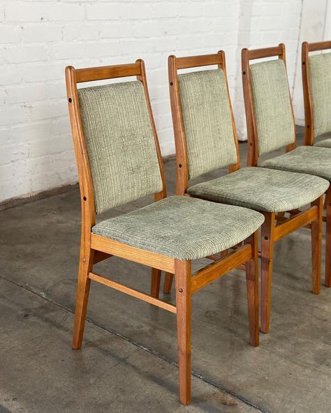 Danish Modern Teak Dining Chairs -set of Four Price: 1100 Dimensions: W17 D19 H36 SW18 SD16 SH18 Mcm Dining Chairs, Mid Century Vintage Furniture, Vintage Mid Century Furniture, Teak Dining Chairs, Teak Chairs, Chairs Dining, Teak Frame, Mid Century Vintage, Danish Modern