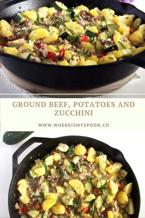 Beef And Potato Skillet, Ground Beef Zucchini, Zucchini And Potatoes, Quick Potato Recipes, Beef Zucchini, Hamburger And Potatoes, Veggie Skillet, Potato Skillet, Ground Beef And Potatoes