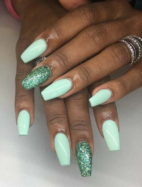 Tapered Square Nails. Mint Nails. Mint Glitter Nails. Acrylic Nails. Short Nail Designs Mint Green, Mint Sparkle Nails, Pastel Green Glitter Nails, Mint Green Sparkle Nails, Mint Green Nails, Mint Nails, Glitter Nails Acrylic, Tapered Square Nails, Super Cute Nails