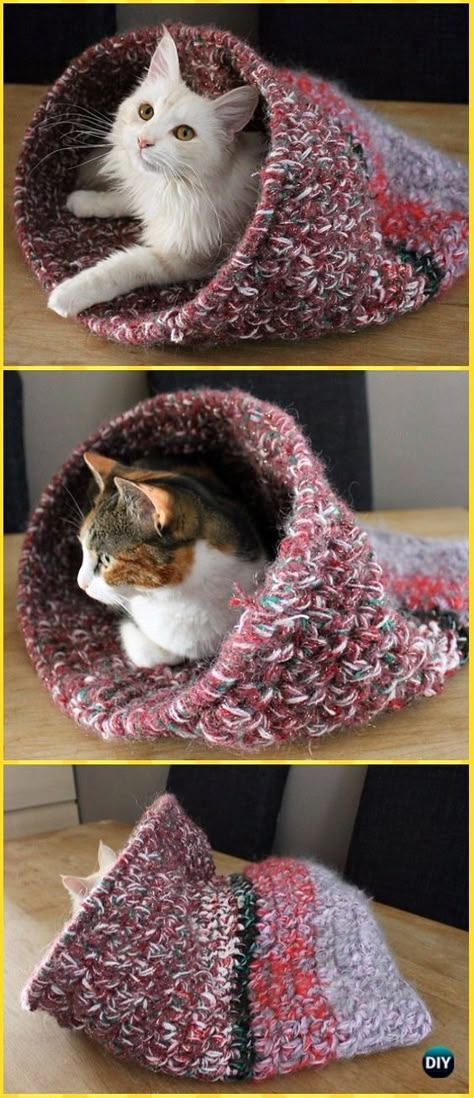 Crochet Cat House, Crochet Cat Cave, Crochet For Pets, Kat Haken, Crochet Pets, Kat Diy, Crochet Cat Bed, Crochet Cat Toys, Confection Au Crochet