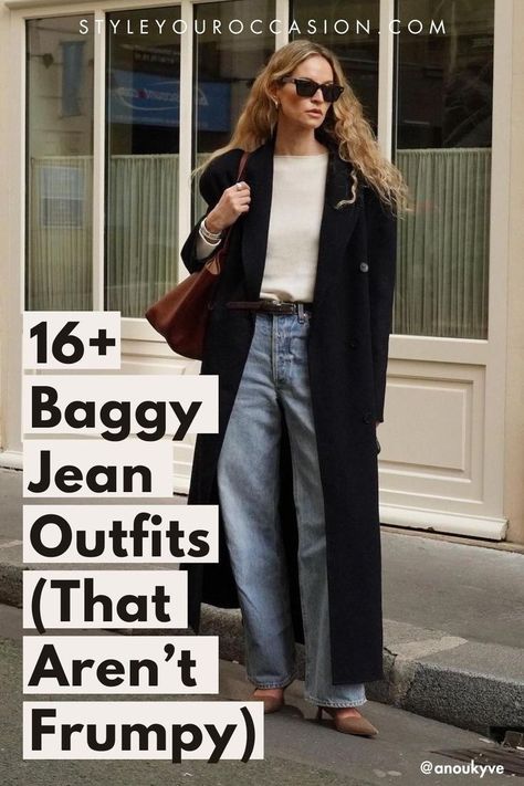 Are you looking for chic baggy jeans outfit ideas? You’ll love this guide on how to wear baggy jeans without looking frumpy. Whether you want a casual aesthetic, or 90s girl vibe, these outfit ideas work from summer to winter to spring! Styling Baggy Jeans Winter, Baggy Jeans Chic Outfit, Chic Baggy Jeans Outfit, Winter Outfits Without Jeans, Fall Baggy Jeans Outfit, Very Baggy Jeans Outfit, How To Style 90s Jeans, Winter Baggy Jeans Outfit, Baggy Jeans Fall Outfit