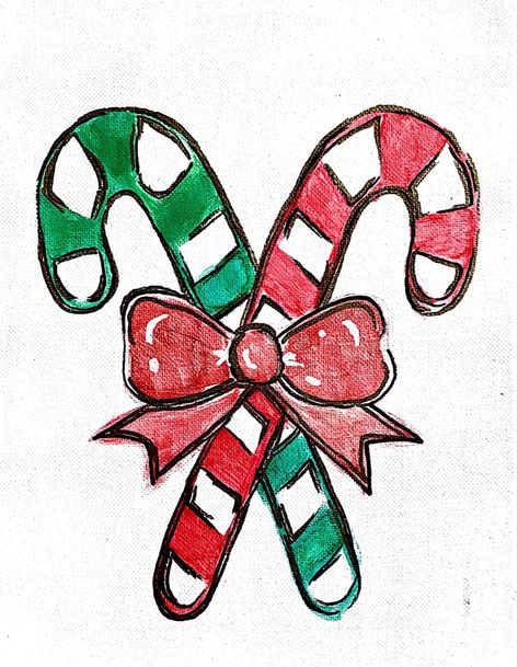 Cool Art Drawings Christmas, Christmas Candy Cane Drawing, Christmas Ideas To Draw, Candy Cane Paintings On Canvas, How To Draw A Candy Cane, Paint Night Ideas Christmas, Preppy Christmas Drawings, Aesthetic Christmas Painting Ideas Easy, Peppermint Painting