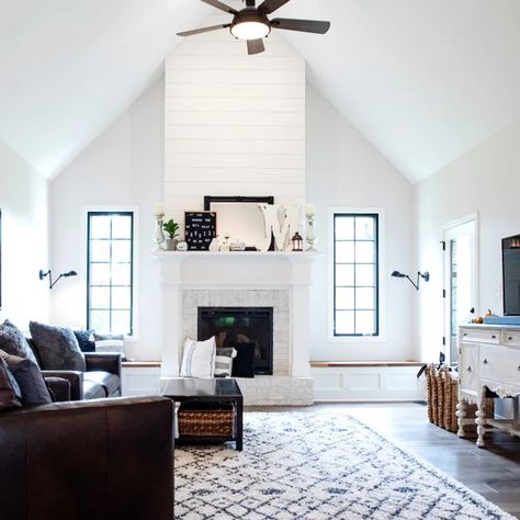 Modern Shiplap Fireplace, Shiplap Fireplace Ideas, Modern Shiplap, Farmhouse Style Living Room Decor, Cathedral Ceiling Living Room, Vaulted Ceiling Living Room, Modern Farmhouse Living Room Decor, Farmhouse Living Room Decor, Farmhouse Living Room Decor Ideas