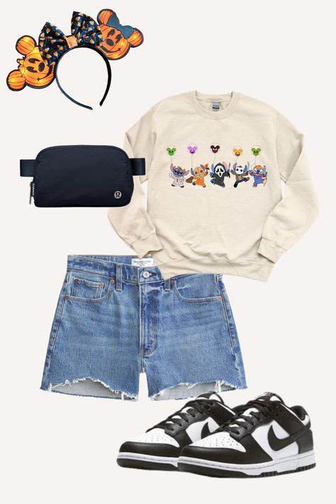 Outfit Idea for Disney World in October. Shows a pair of black and white Nike dunk sneakers, denim shorts, a sweatshirt with disney characters in Halloween costumes, a black lululemon belt bag and light up jack o lantern mickey ears. Disney World October, Disney World In October, Fall Disney Outfits, Wear To Disney World, Disney World Guide, Disney Packing, What To Wear To Disney, Disney World Halloween, Disney Fits