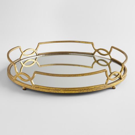 Crafted of metal and glass, our elegant Gold Mirrored Tabletop Tray features a footed base to place on tables, ottomans and other surfaces. Gold Tray, Bar Cart Styling, Salon Suites, Mirror Tray, Cost Plus World Market, Serving Drinks, Glass Tray, Gold Table, Round Tray