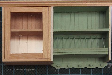 House Kitchen Cabinets, Dollhouse Kitchen Cabinets, Glass Kitchen Cabinets, Upper Kitchen Cabinets, Dollhouse Miniatures Kitchen, Dollhouse Tutorials, Glass Front Cabinets, Miniature Projects, Custom Kitchen Cabinets