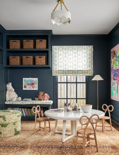 Dark Wall Playroom, Playroom Lamp Ideas, Navy Blue Playroom Ideas, Dark Playroom Walls, Playroom Inspiration Modern, Traditional Playroom Ideas, Modern Traditional Playroom, Playroom Cabinet Organization, Dark Blue Playroom