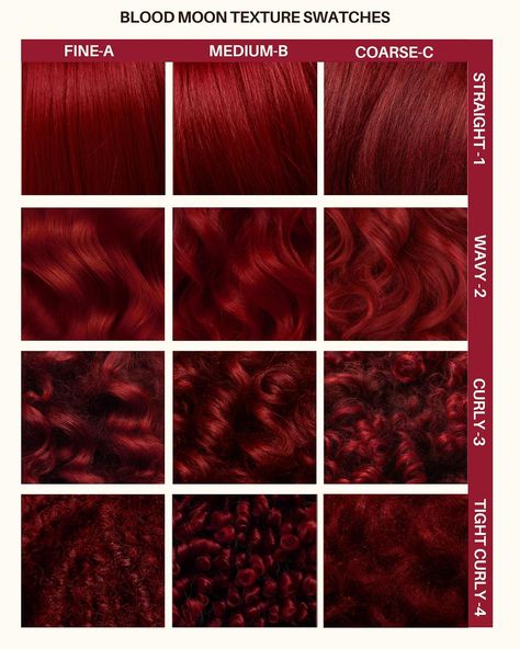 Which texture are you? 🌙  Blood Moon is our highly pigmented deep blood red that is non-damaging and deeply conditioning.  #redhair #hairtexture #haireducation #4chair #haircolor #hairdye #lunartideshair #lunartides #hairideas Crimson Hair Color, Blood Red Hair Color, Red Burgundy Hair, Red Burgundy Hair Color, Hair Color Palette, Blood Red Hair, Hair Piercing, Lunar Tide, Red Hair Dye