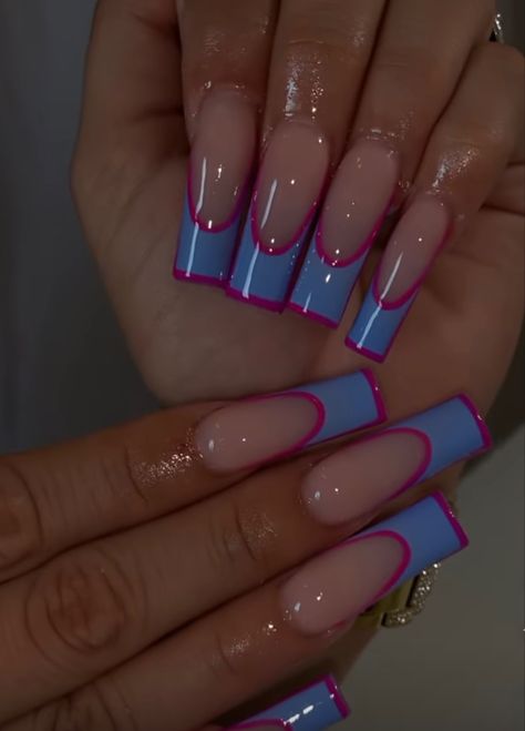 Pink And Blue Nails French Tip, Pink And Blue Acrylics, Pink And Blue French Tip Nails, Blue Nails French Tip, Blue Nails French, Blue And Pink Nails, Pink And Blue Nails, Blue Acrylics, Blue French Tip Nails