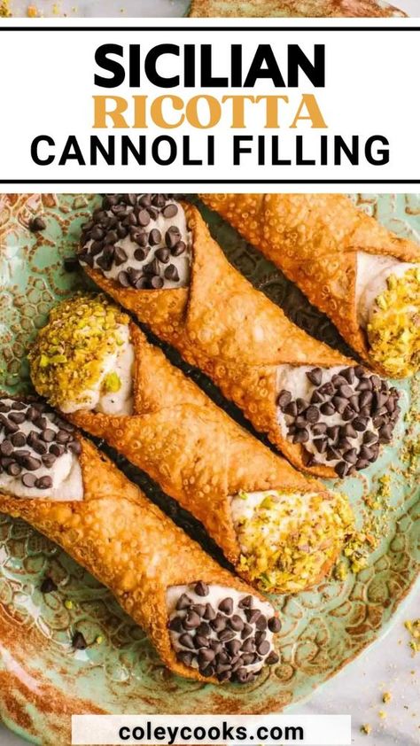 This Sicilian Ricotta Cannoli Filling is the best! Traditional Cannoli are a staple of Sicilian cuisine and have been enjoyed for generations. The crispy shell holds a creamy ricotta cheese filling that makes cannoli special. With this recipe, you can make the best Sicilian ricotta cannoli filling and create this delicious and authentic Italian dessert at home. Canolis Recipe Italian Filling, Cannoli Filling With Mascarpone, Canolis Recipe Italian, Traditional Cannoli Filling Recipe, Cannoli Recipe Filling, Ricotta Cannoli Filling, Cannoli Filling Recipe, Sicilian Cannoli Recipe, Cannoli Recipe Easy