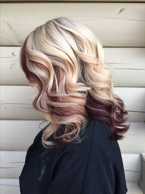 Platinum Blonde And Maroon Hair, Balayage With Burgundy And Blonde, Peek A Boo With Money Piece, Platinum Blonde Hair With Red Streaks, Blonde With Mahogany Lowlights, Blonde Pops Of Color, Blonde And Maroon Hair Highlights, Maroon Highlights On Blonde Hair, Blonde Hair With Burgundy Underneath