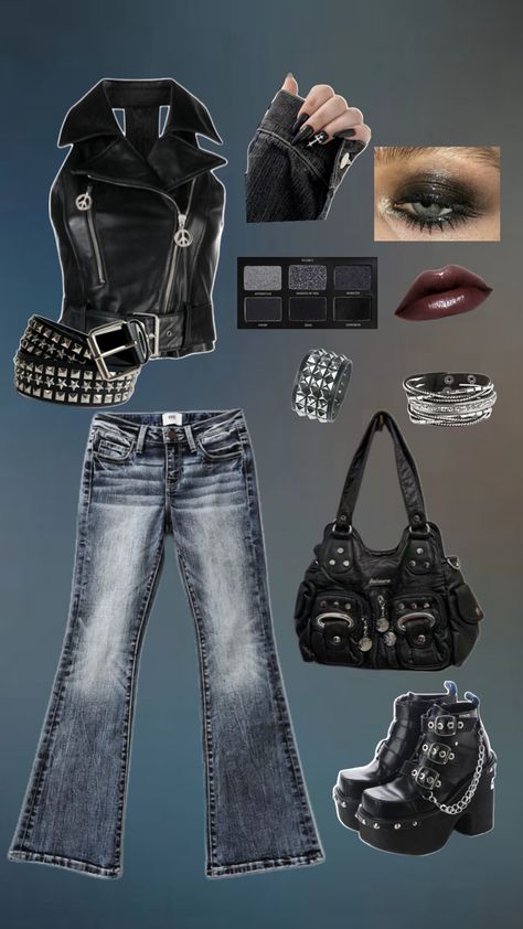 Outfit inspo, grunge outfit, leather, leather vest, black belt, grunge makeup, black eyeshadow, black bag, grunge bag, flared jeans, black nails, grunge nails, grunge bracelet, leather bracelet, black boots Black Nails Grunge, Grunge Makeup Black, Makeup Black Eyeshadow, Outfit Inspo Grunge, Grunge Bag, Belt Grunge, Nails Grunge, Eyeshadow Black, Grunge Outfit