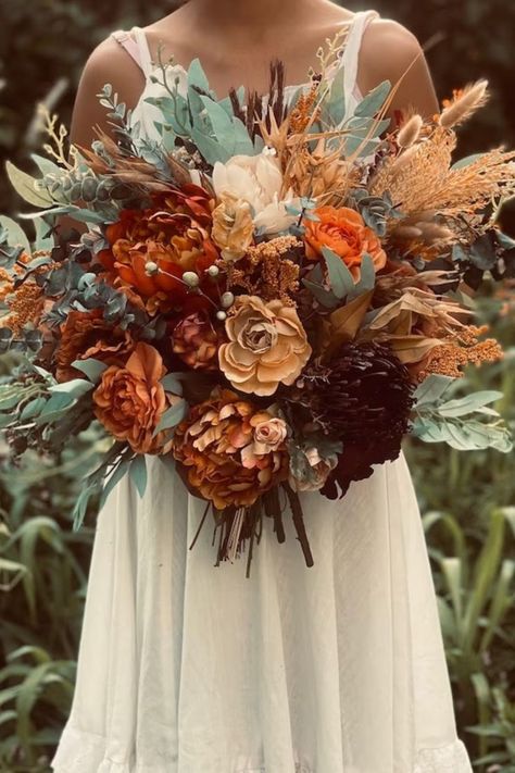 Fall wedding bouquets, Rust burgundy cinnamon flowers, Bridal bouquets, Boho wedding Silk flowers Faux Bouquet, Rusting Wedding, Orange Bouquets, Burnt Orange Weddings, Pampas Grass Bouquet, Fall Wedding Bouquets, Fall Wedding Flowers, Flower Crown Wedding, Future Wedding Plans