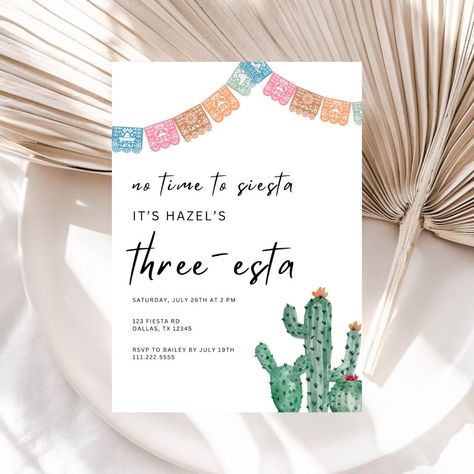 Three Birthday Theme, Three Esta Birthday Party, Fiesta Invite, Three Esta, 3rd Birthday Invitation, Birthday Party Template, Template Pastel, Third Birthday Invitations, Fiesta Birthday Invitations