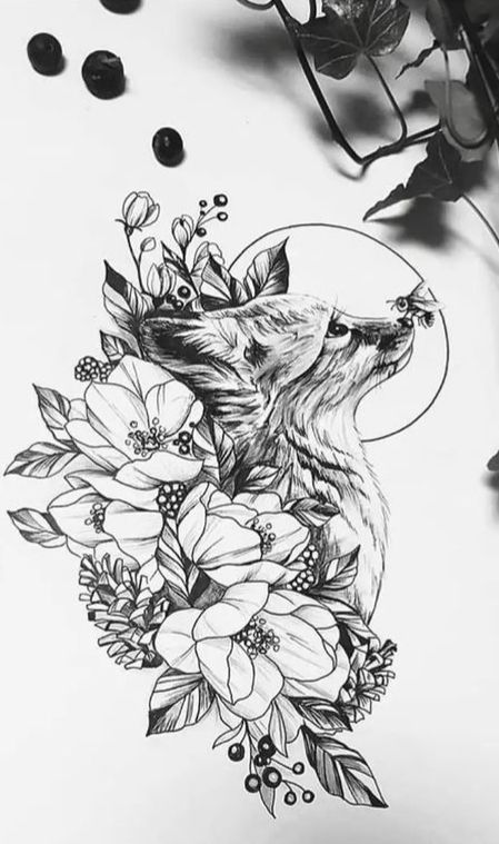 Majestic Animal Tattoo, Grey Scale Tattoo For Women, Fox Flowers Tattoo, Fox Flower Tattoo, Fox Sleeve Tattoo, Fox Tattoo Sleeve, Fox And Flowers Tattoo, Fox Tattoos For Women, Tatoos Small Meaningful