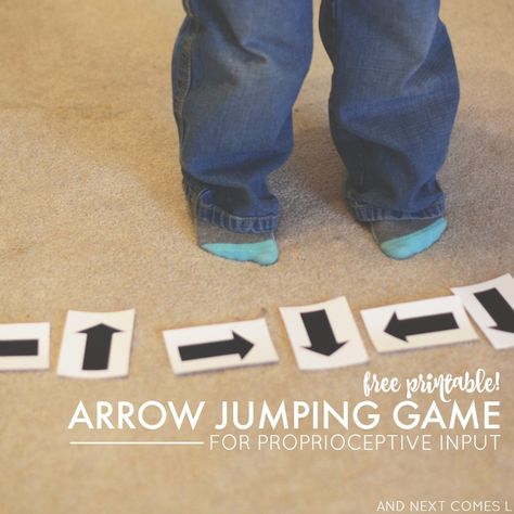 Arrow jumping game for kids that love to jump and seeks proprioceptive sensory input - great activity for kids with lots of energy and comes with a free printable from And Next Comes L Calm Down Cards, Indoor Games For Adults, Proprioceptive Input, Free Printables For Kids, Sensory Games, Sensory Input, Motor Planning, I Spy Games, Indoor Games For Kids