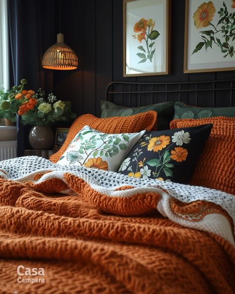 Emerald Green And Orange Bedroom, Dark Green And Orange Bedroom, Grey And Orange Bedroom, Bedroom With Orange Accents, Orange And Blue Bedroom, Burnt Orange Rooms, Cozy Dark Bedroom, Moody Room, Bed Goals