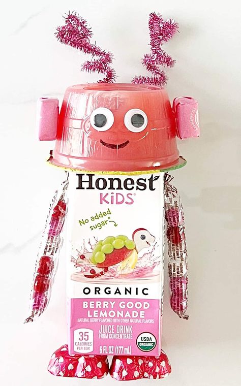 Robot Valentine Treat Juice Box Robot Valentines, Robot Valentine Box Ideas Juice, Juicebox Valentines For Kids, Valentines Robot Snacks, Healthy Valentines Treats For Kids School, Valentine Robot Juice Boxes, Valentines Toddler Snacks, Toddler Valentine Snacks, Valentine's Day For Kids