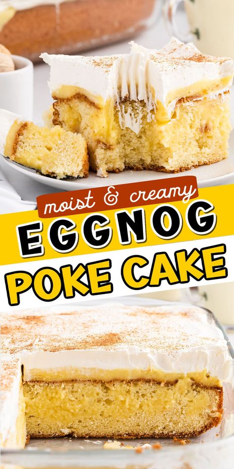 Eggnog Poke Cake, Eggnog Desserts, Eggnog Cake Recipe, Eggnog Pudding, Eggnog Pie, Eggnog Bread, Eggnog Dessert, Eggnog Recipes, Eggnog Cake