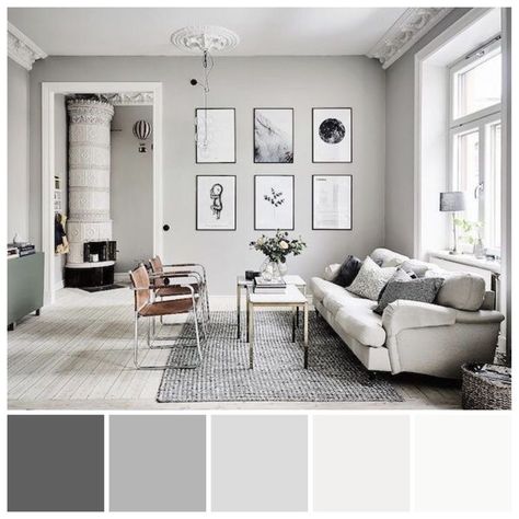 Nice Colours For Living Room, Grey Scheme House, Grey Tone Living Room Colour Schemes, Interior Design Color Schemes Living Room, Shades Of Gray Paint Living Rooms, Color Palette For Living Room Grey, Calm Sitting Room Ideas, Gray Palette Living Room, Contemporary Interior Design Color Palette