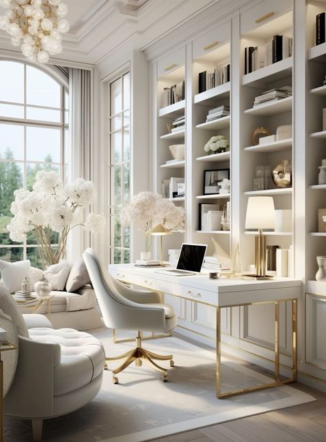 Neutrals Office Decor, Study Desk In Living Room, Women’s Home Office Design, Gorgeous Home Office, Home Office With Library, Home Office For Women, Beautiful Office Design, Women Office Decor, Luxury Home Office