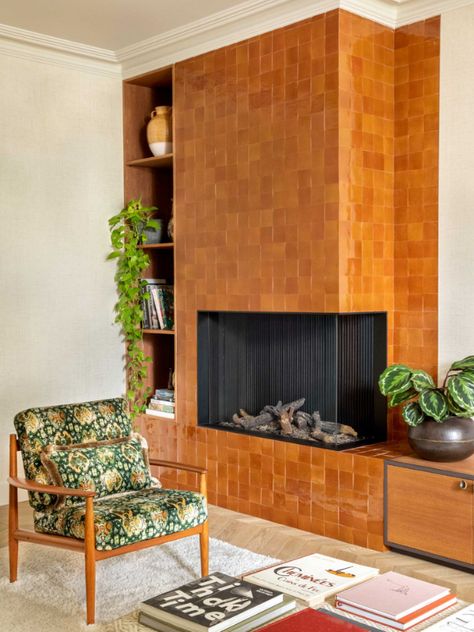 Mid Century Tile Fireplace, Fireplace Midcentury Modern, Brick Fireplace In Living Room, Fireplace Next To Stairs, Mcm Fireplace Wall, Contemporary Mid Century Living Room, 1970 Fireplace, Mid Century Electric Fireplace, Cover Up Brick Fireplace