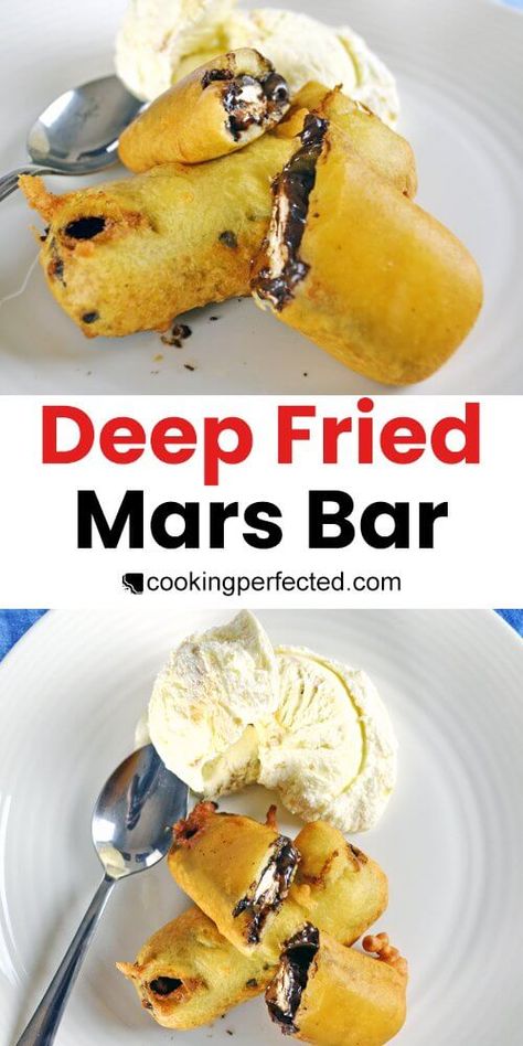 Deep Fat Fryer Recipes, Mars Bar Dessert Recipes, Deep Fried Desserts Easy, Air Fryer Mars Bars, Deep Fried Treats, Deep Fried Mars Bar Recipe, Deep Fried Chocolate Bars, Deep Fried Marshmallows, Deep Fried Mars Bar