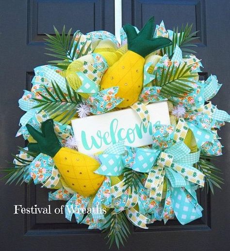 Summer Pineapple Welcome Wreath - Summer Deco Mesh Wreath - Summer Wreath for Front Door - Pineapple Welcome Wreath - Mesh Wreath  Sharing a wreath by Festival of Wreaths  #TrendyTree #wreathmaking Diy Summer Wreath, Pineapple Wreath, Coastal Wreaths, Deco Mesh Ideas, Summer Deco Mesh Wreaths, Wreath Making Ideas, Wreath Mesh, Summer Wreath For Front Door, Summer Mesh Wreaths