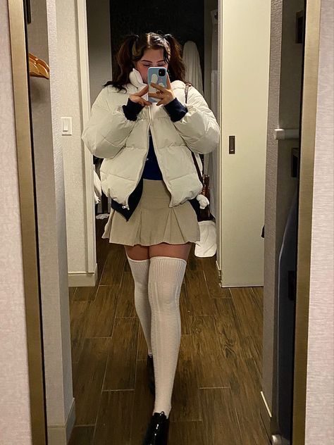 Tights And Knee High Socks, White Stockings Outfit Winter, Winter Thigh High Socks Outfit, Skirt And Thigh Highs Outfit, Skirt Stockings Boots, Thigh High Socks With Shorts, Skirt With Thigh High Socks Outfit, Thigh High And Skirt, Sheer Thigh High Socks Outfit