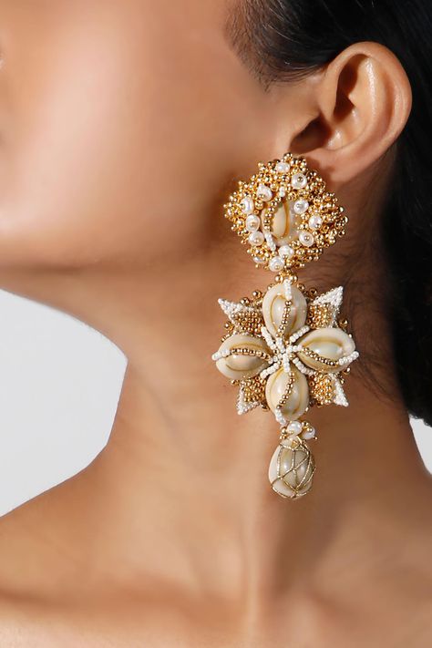 Buy Vaidaan Charvi Hand Embroidered Earrings Online | Aza Fashions Kori Jewellery, Neck Pics, Long Earrings Gold, Western Jewellery, Hand Embroidered Jewelry, Ear Piercing Studs, Embroidered Earrings, Wedding Indian, Bridal Accessories Jewelry