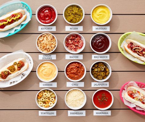 July 4th Hot Dog Bar Hot Dog Buffet, Hot Dog Bar Toppings, Hot Dog Party, Hot Dog Toppings, Hot Dog Bar, Hot Dog Stand, Dog Recipes, July Party, Seasoning Recipes